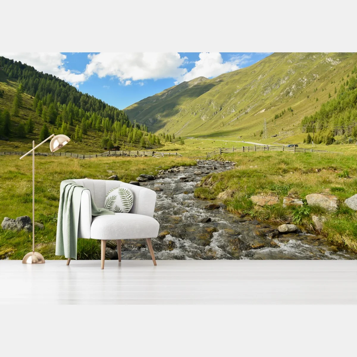 Fototapeta alpejski strumień w słonecznej dolinie – Wallissimo® Fototapeta alpejski strumień w słonecznej dolinie – Wallissimo®