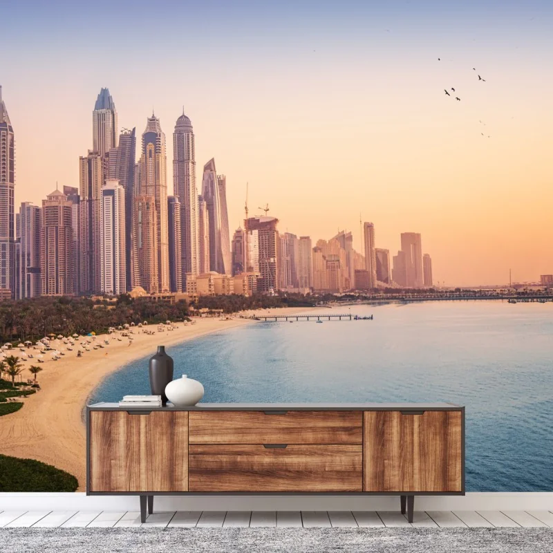 Fototapeta Dubaj panorama miasta o zachodzie słońca – Wallissimo® Fototapeta Dubaj panorama miasta o zachodzie słońca – Wallissimo®