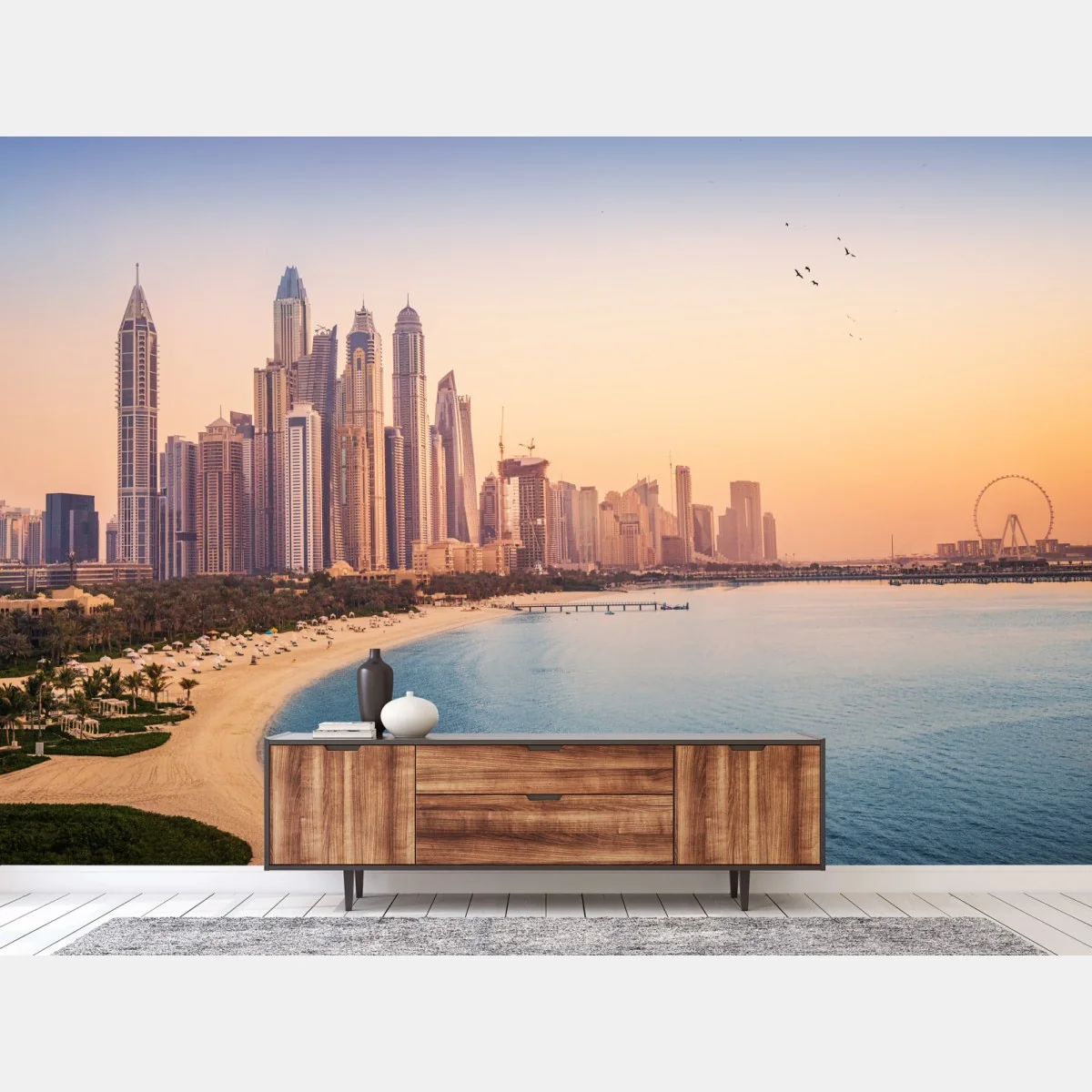 Fototapeta Dubaj panorama miasta o zachodzie słońca – Wallissimo® Fototapeta Dubaj panorama miasta o zachodzie słońca – Wallissimo®