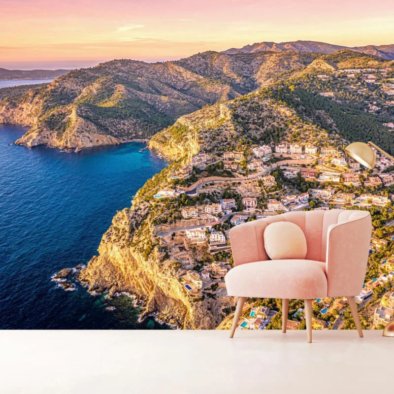 Fototapeta zachód słońca nad klifem i nadmorską wioską – Wallissimo® Fototapeta zachód słońca nad klifem i nadmorską wioską – Wallissimo®