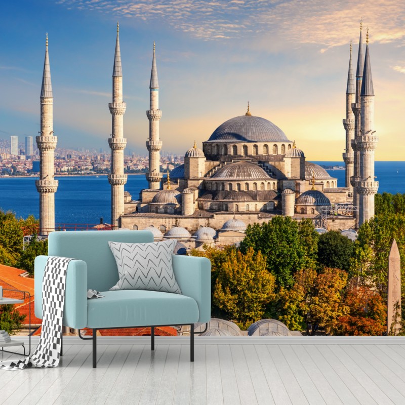 Fototapeta Stambuł z Błękitnym Meczetem o zachodzie słońca – Wallissimo®