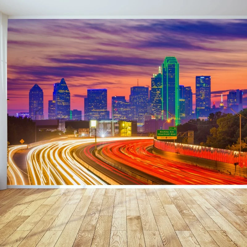 Fototapeta panorama Dallas o zachodzie słońca z świetlnymi smugami autostrady – Wallissimo® Fototapeta panorama Dallas o zachodzie słońca z świetlnymi smugami autostrady – Wallissimo®