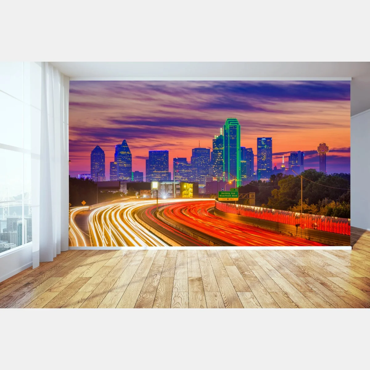 Fototapeta panorama Dallas o zachodzie słońca z świetlnymi smugami autostrady – Wallissimo® Fototapeta panorama Dallas o zachodzie słońca z świetlnymi smugami autostrady – Wallissimo®