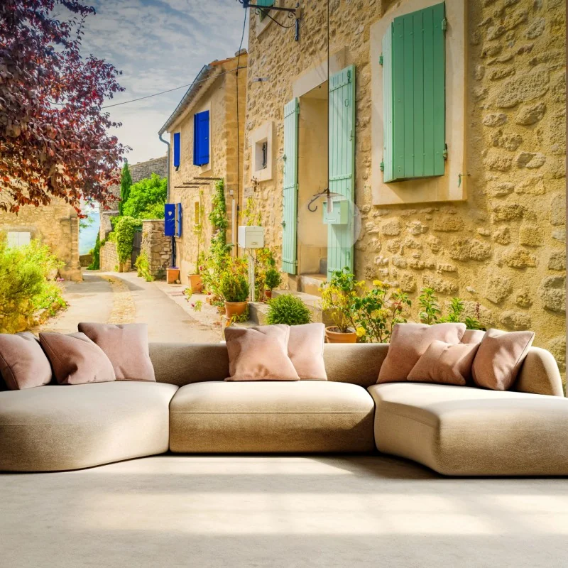 Fototapeta słoneczna uliczka z kamiennymi domami i kolorowymi okiennicami – Wallissimo® Fototapeta słoneczna uliczka z kamiennymi domami i kolorowymi okiennicami – Wallissimo®