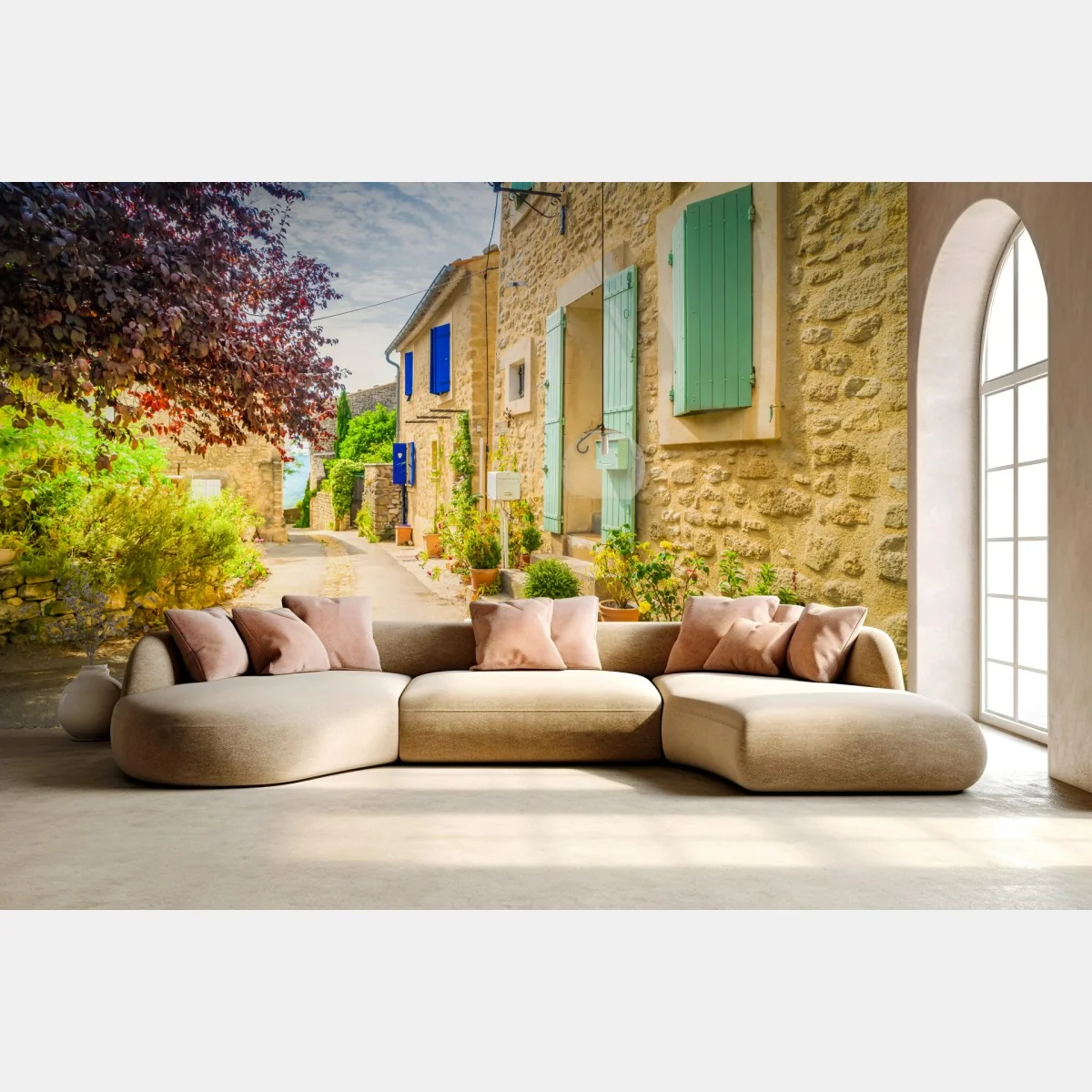 Fototapeta słoneczna uliczka z kamiennymi domami i kolorowymi okiennicami – Wallissimo® Fototapeta słoneczna uliczka z kamiennymi domami i kolorowymi okiennicami – Wallissimo®