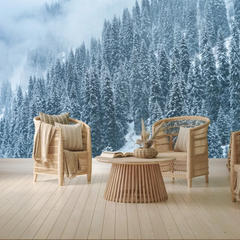 Fototapeta mglisty ośnieżony las sosnowy – Wallissimo® Fototapeta mglisty ośnieżony las sosnowy – Wallissimo®