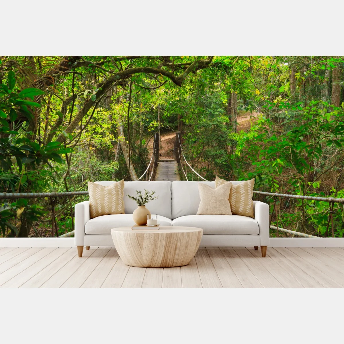 Fototapeta wiszący drewniany most w zielonym lesie – Wallissimo® Fototapeta wiszący drewniany most w zielonym lesie – Wallissimo®