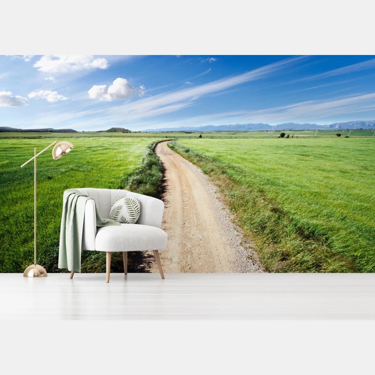 Fototapeta wijąca się wiejska droga przez zielone łąki – Wallissimo® Fototapeta wijąca się wiejska droga przez zielone łąki – Wallissimo®