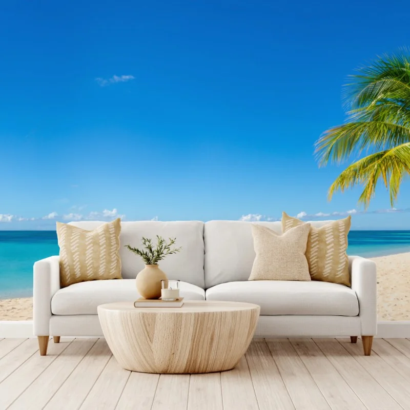 Fototapeta tropikalna plaża z turkusową wodą i palmą – Wallissimo® Fototapeta tropikalna plaża z turkusową wodą i palmą – Wallissimo®