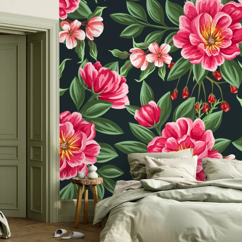 Fototapeta różowy wzór kwiatowy w stylu akwareli na ciemnym tle – Wallissimo®