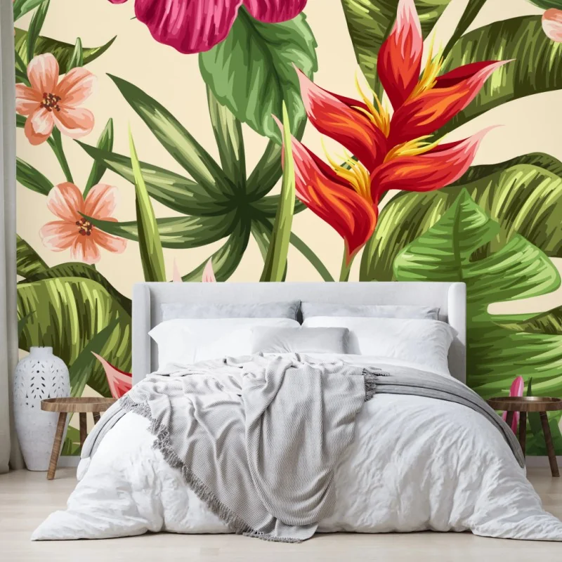 Fototapeta tropikalny wzór kwiatowy z hibiskusem i plumerią – Wallissimo® Fototapeta tropikalny wzór kwiatowy z hibiskusem i plumerią – Wallissimo®