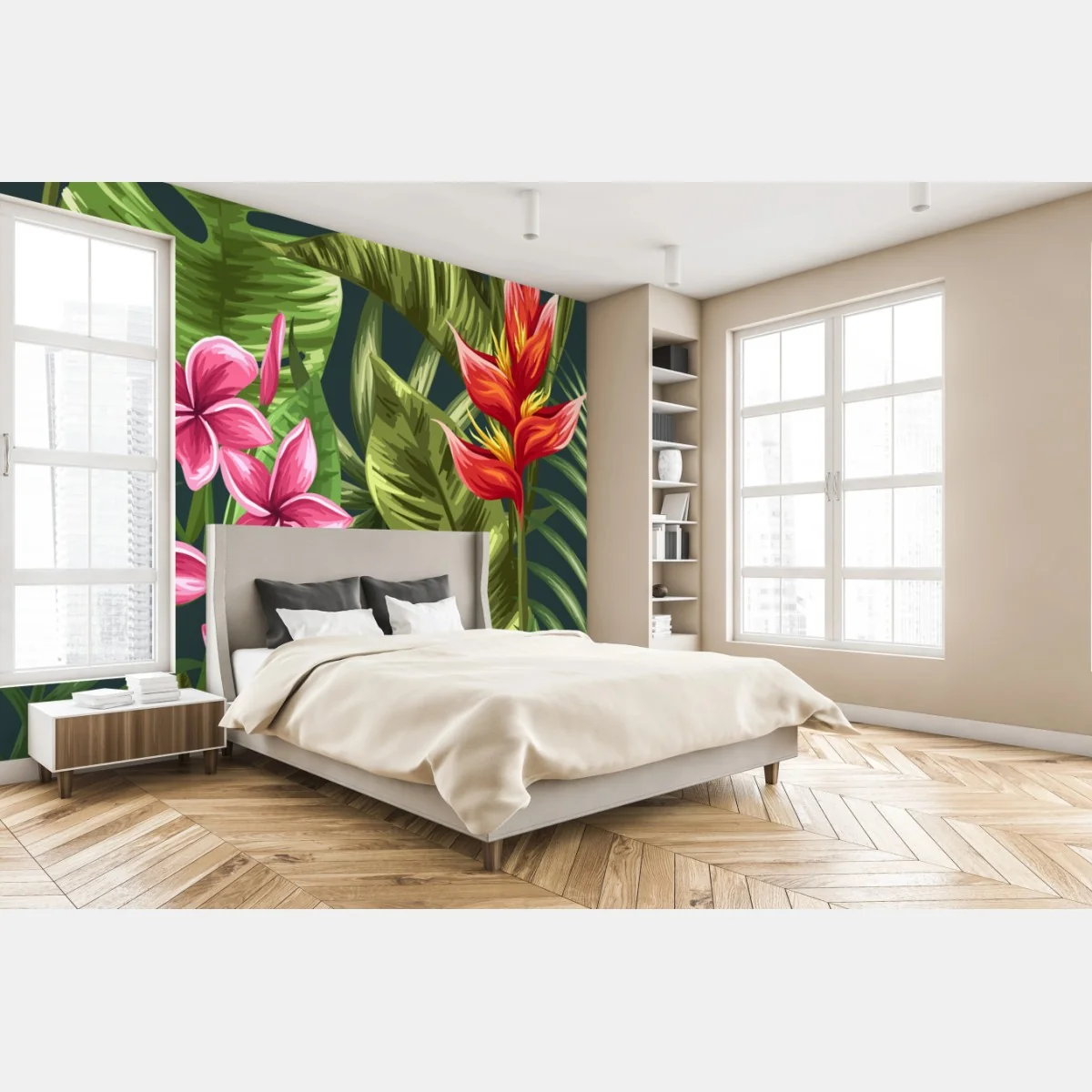 Fototapeta tropikalny wzór hibiskusa i plumerii – Wallissimo® Fototapeta tropikalny wzór hibiskusa i plumerii – Wallissimo®