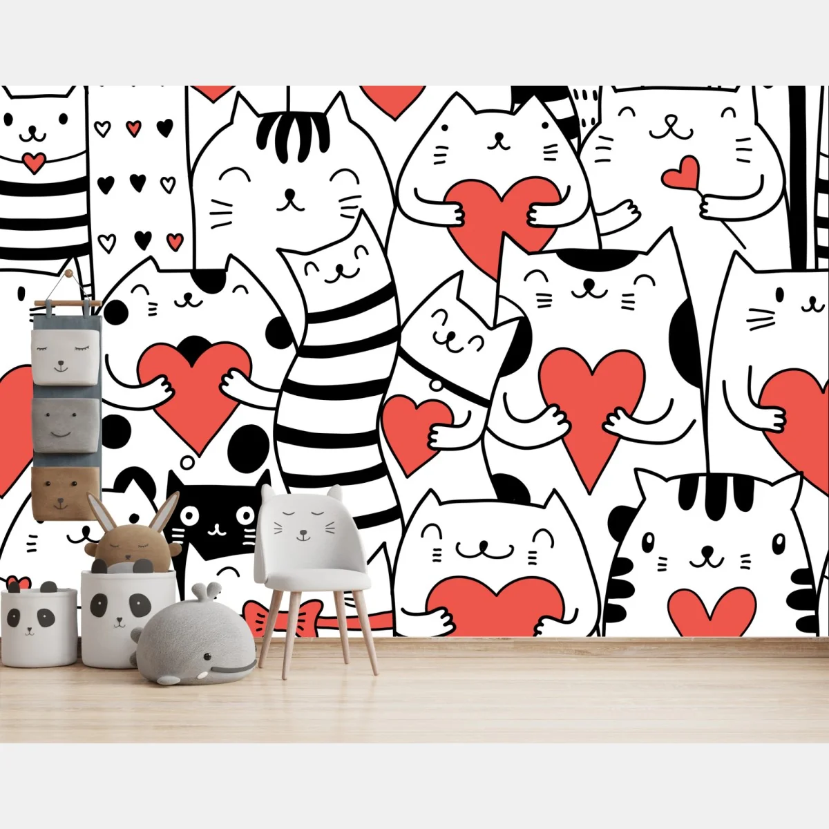 Fototapeta urocze koty z sercami wzór – Wallissimo® Fototapeta urocze koty z sercami wzór – Wallissimo®