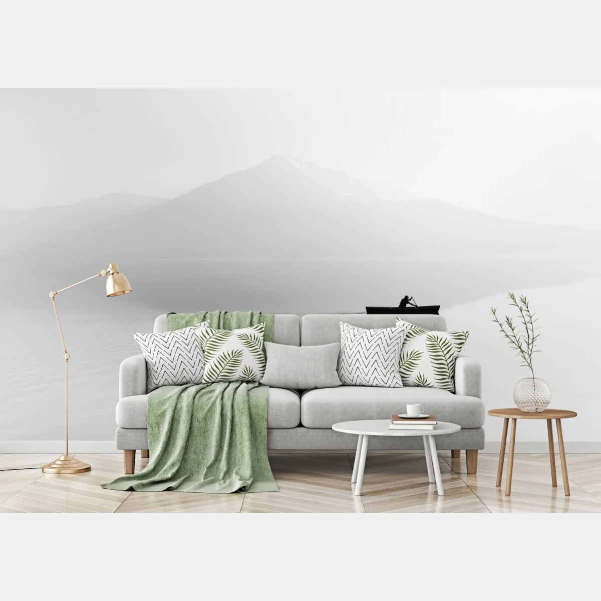 Fototapeta samotny wioślarz na mglistym jeziorze – Wallissimo® Fototapeta samotny wioślarz na mglistym jeziorze – Wallissimo®