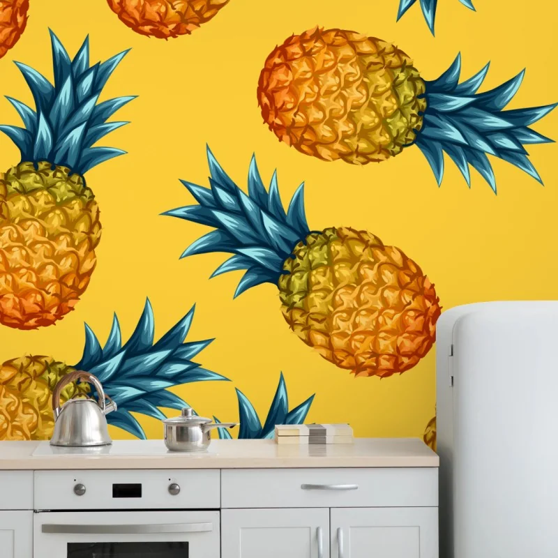 Fototapeta tropikalny wzór z ananasami na żółtym tle – Wallissimo® Fototapeta tropikalny wzór z ananasami na żółtym tle – Wallissimo®