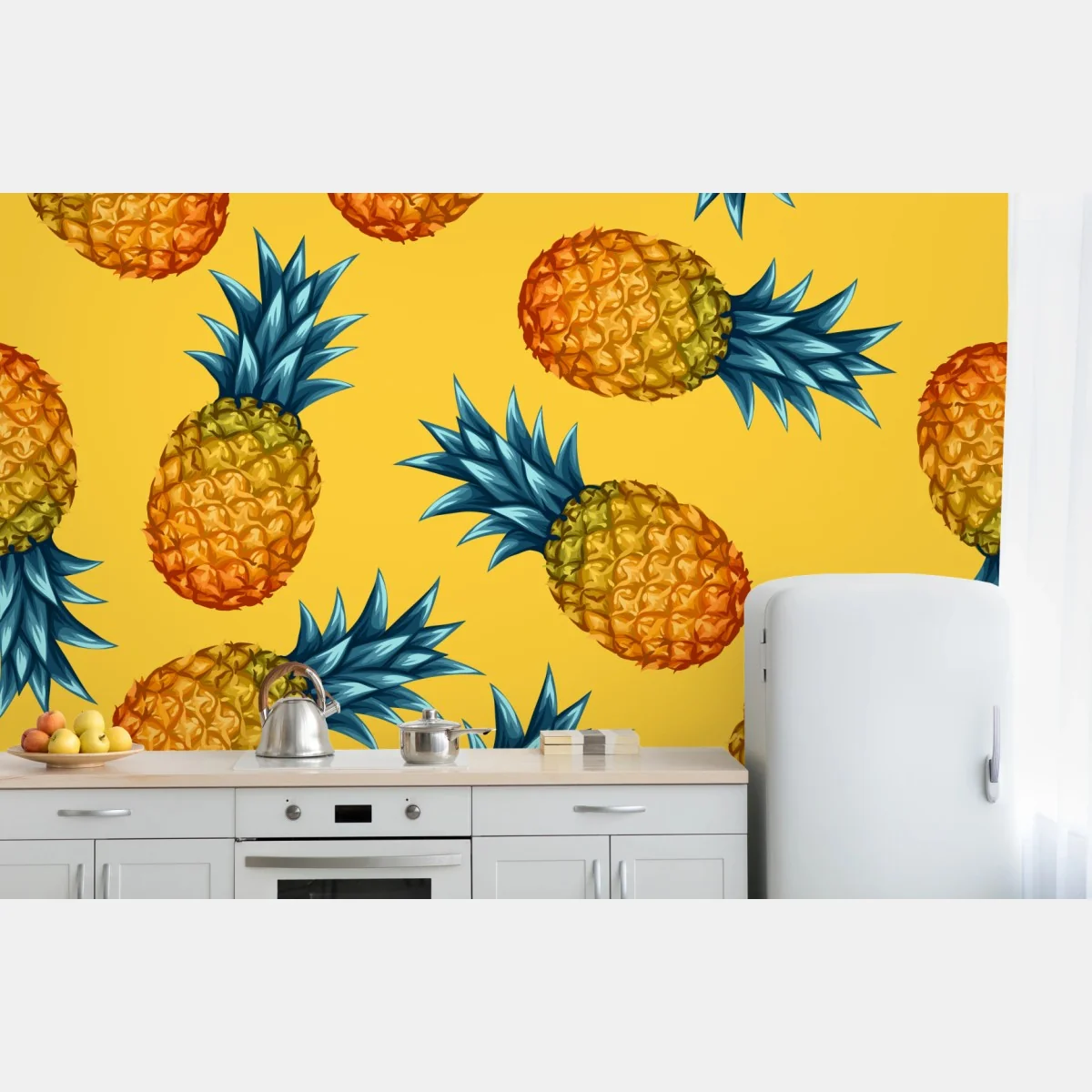 Fototapeta tropikalny wzór z ananasami na żółtym tle – Wallissimo® Fototapeta tropikalny wzór z ananasami na żółtym tle – Wallissimo®