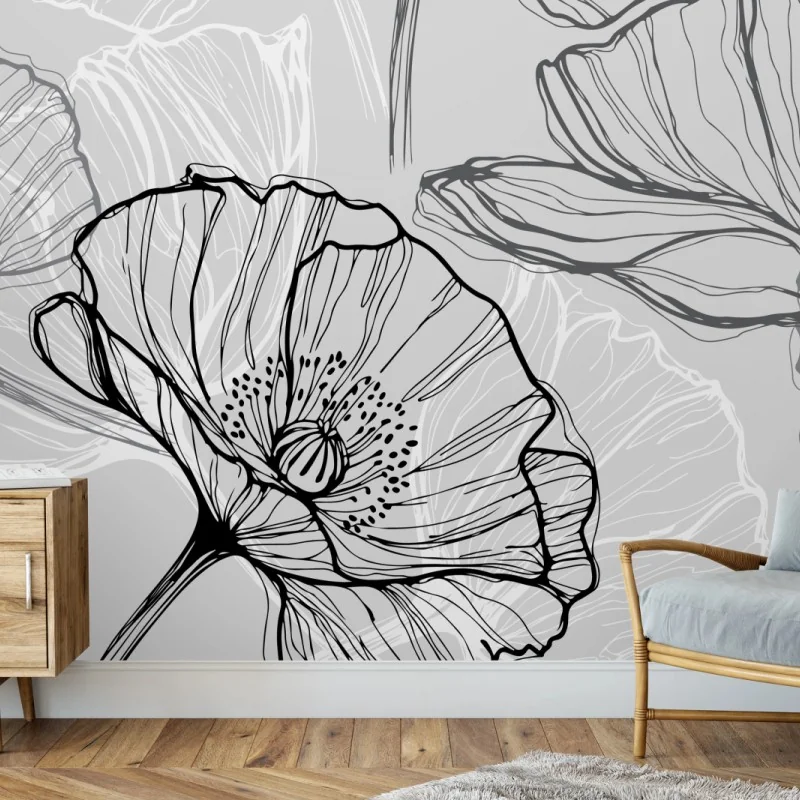 Fototapeta delikatny szary mak w rysunku liniowym – Wallissimo® Fototapeta delikatny szary mak w rysunku liniowym – Wallissimo®