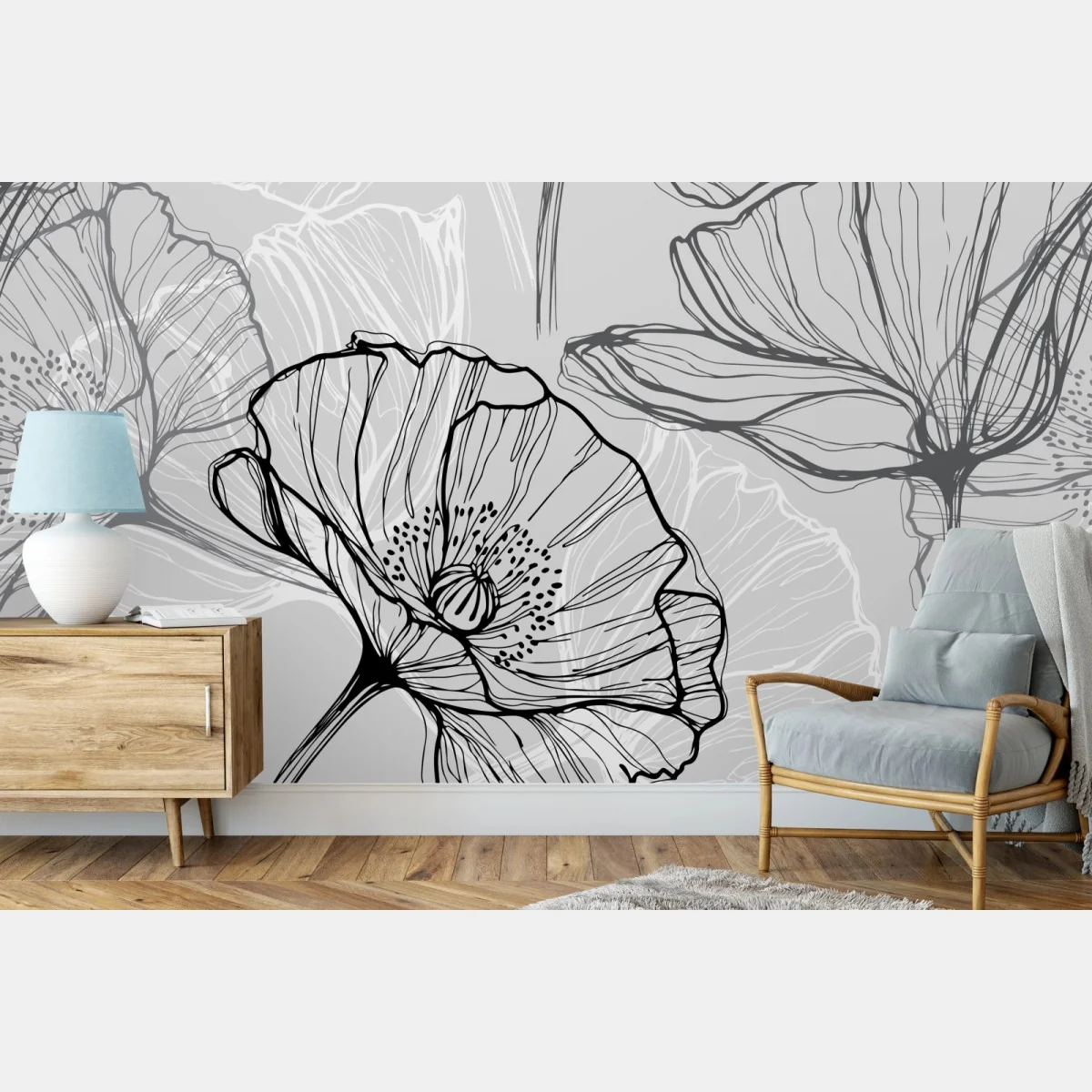 Fototapeta delikatny szary mak w rysunku liniowym – Wallissimo® Fototapeta delikatny szary mak w rysunku liniowym – Wallissimo®