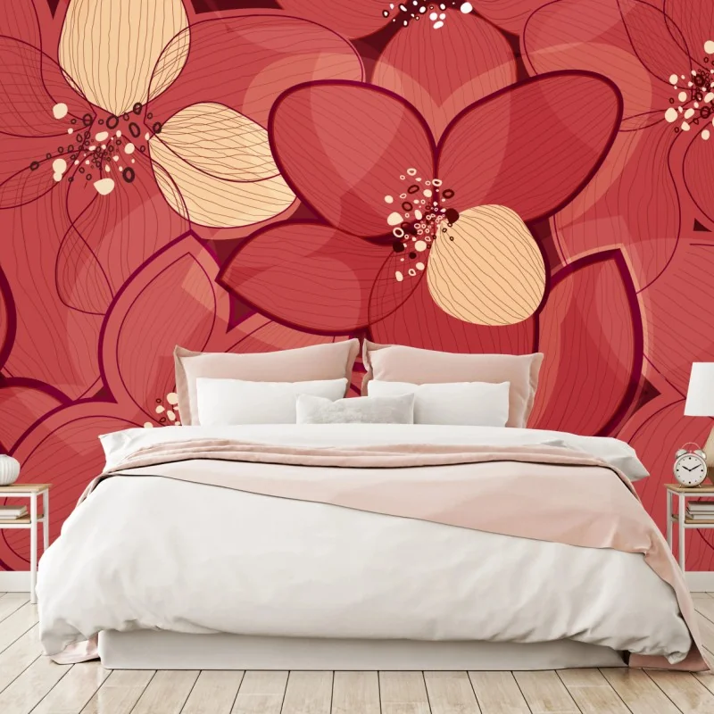 Fototapeta czerwony kwiatowy wzór z beżowymi środkami – Wallissimo® Fototapeta czerwony kwiatowy wzór z beżowymi środkami – Wallissimo®