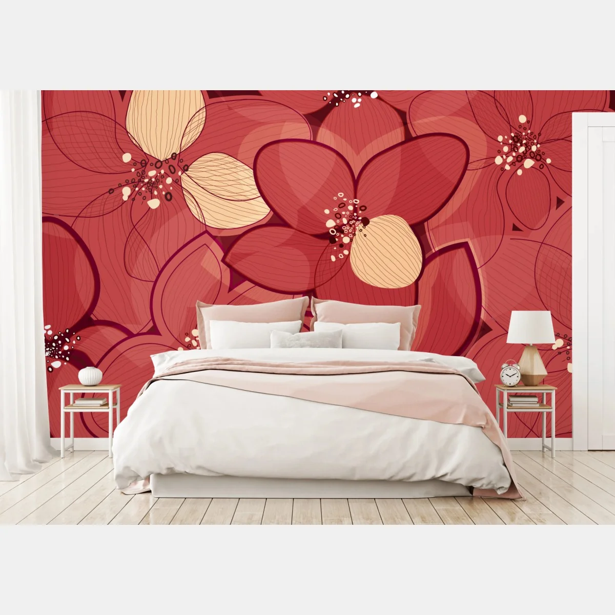Fototapeta czerwony kwiatowy wzór z beżowymi środkami – Wallissimo® Fototapeta czerwony kwiatowy wzór z beżowymi środkami – Wallissimo®