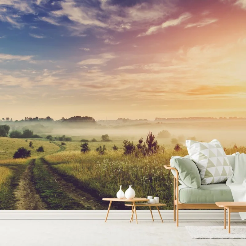 Fototapeta mglisty wschód słońca nad wiejską łąką – Wallissimo® Fototapeta mglisty wschód słońca nad wiejską łąką – Wallissimo®
