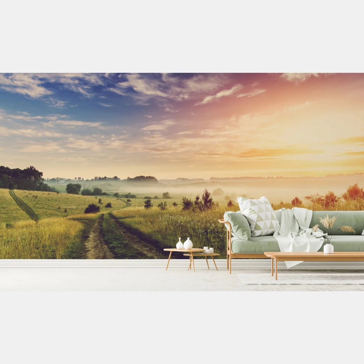 Fototapeta mglisty wschód słońca nad wiejską łąką – Wallissimo® Fototapeta mglisty wschód słońca nad wiejską łąką – Wallissimo®