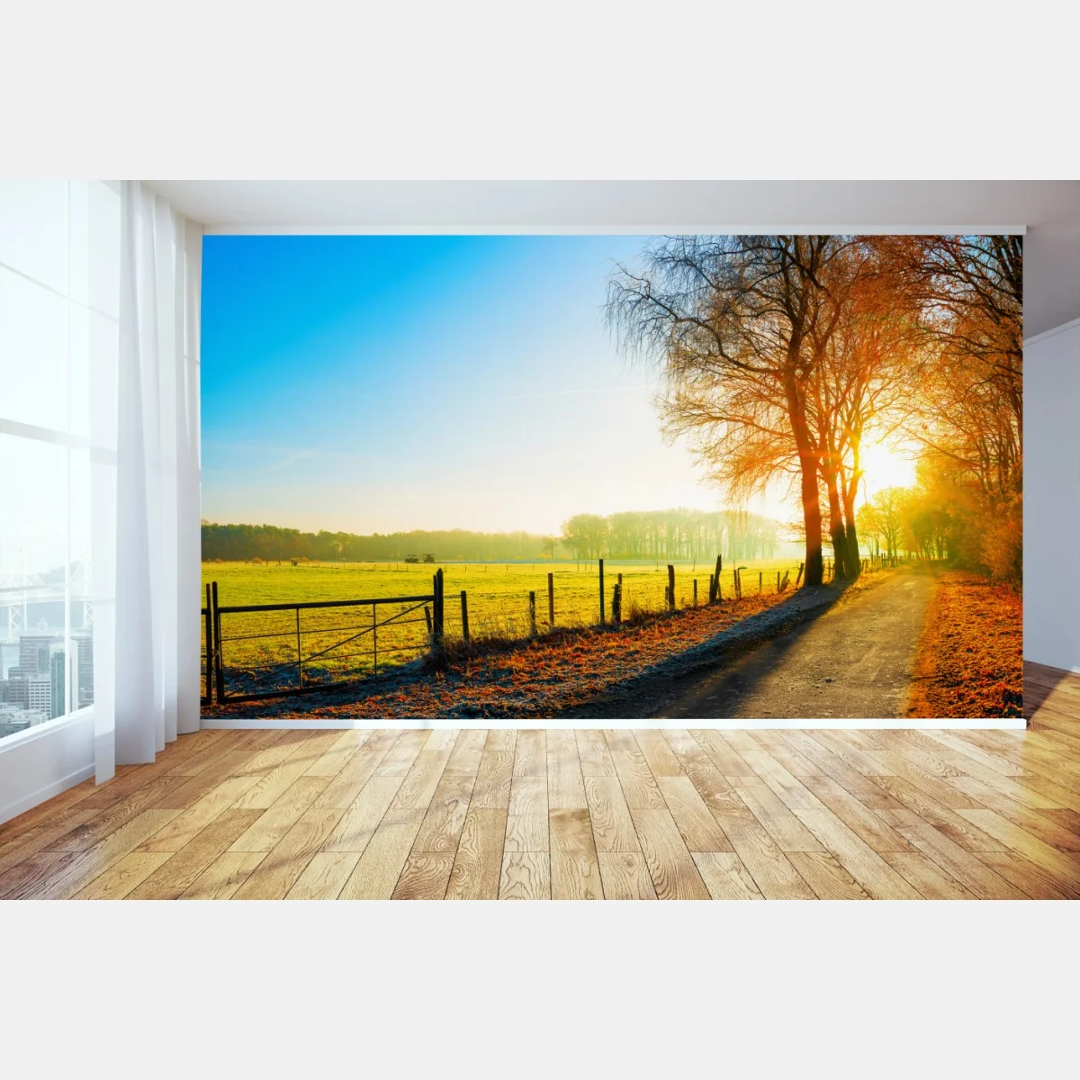 Fototapeta słoneczna wiejska droga przez jesienną łąkę – Wallissimo® Fototapeta słoneczna wiejska droga przez jesienną łąkę – Wallissimo®