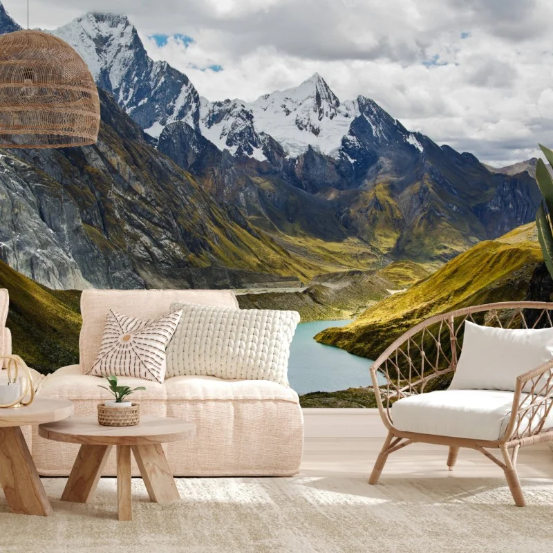 Fototapeta turkusowe jezioro u stóp zaśnieżonych szczytów – Wallissimo® Fototapeta turkusowe jezioro u stóp zaśnieżonych szczytów – Wallissimo®