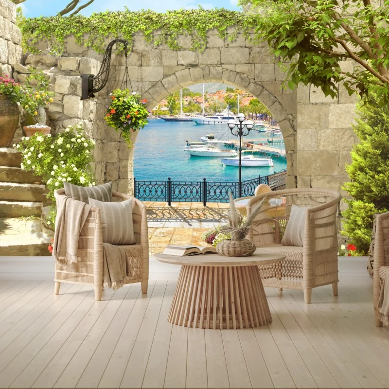 Fototapeta śródziemnomorski widok przez arkadę – Wallissimo® Fototapeta śródziemnomorski widok przez arkadę – Wallissimo®