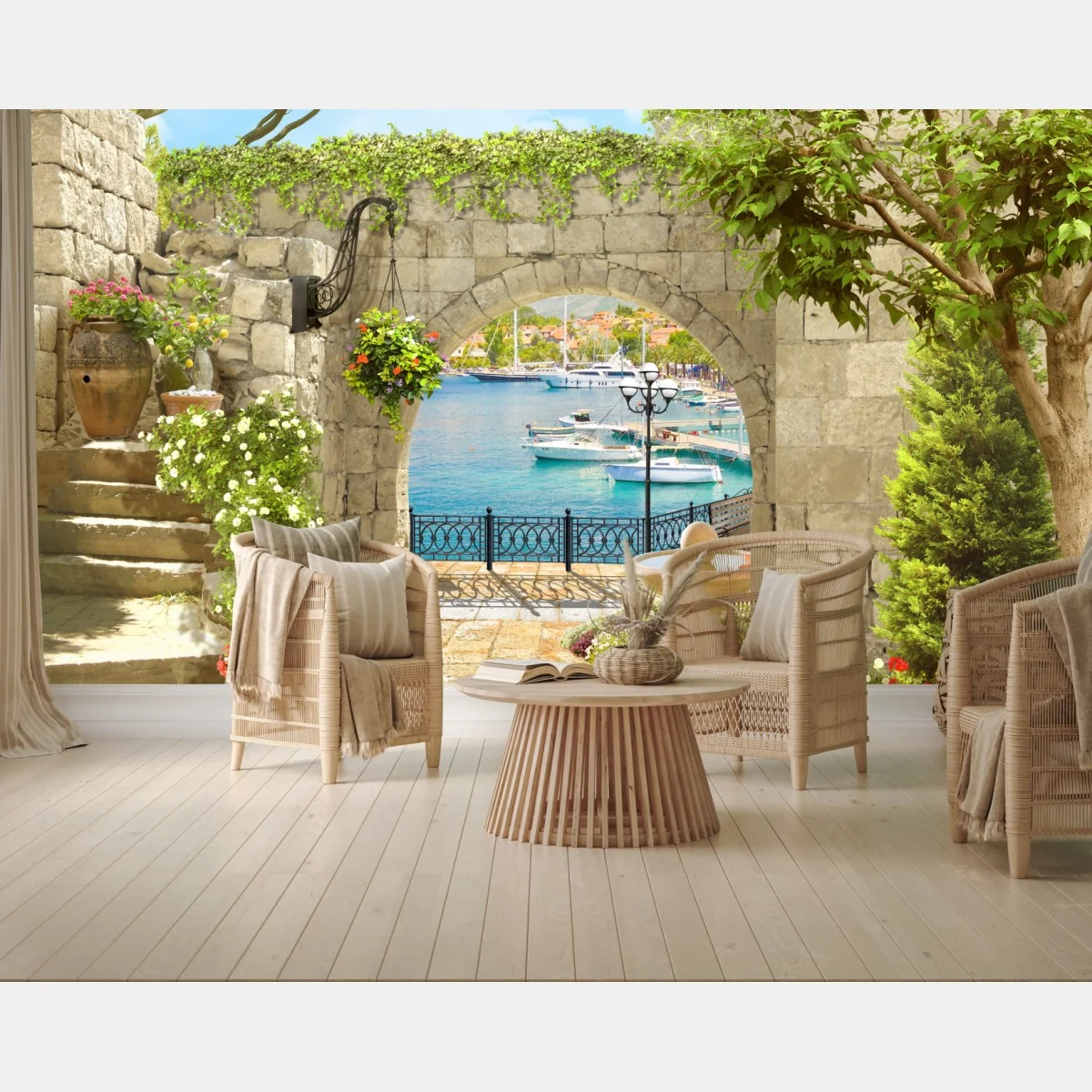 Fototapeta śródziemnomorski widok przez arkadę – Wallissimo® Fototapeta śródziemnomorski widok przez arkadę – Wallissimo®