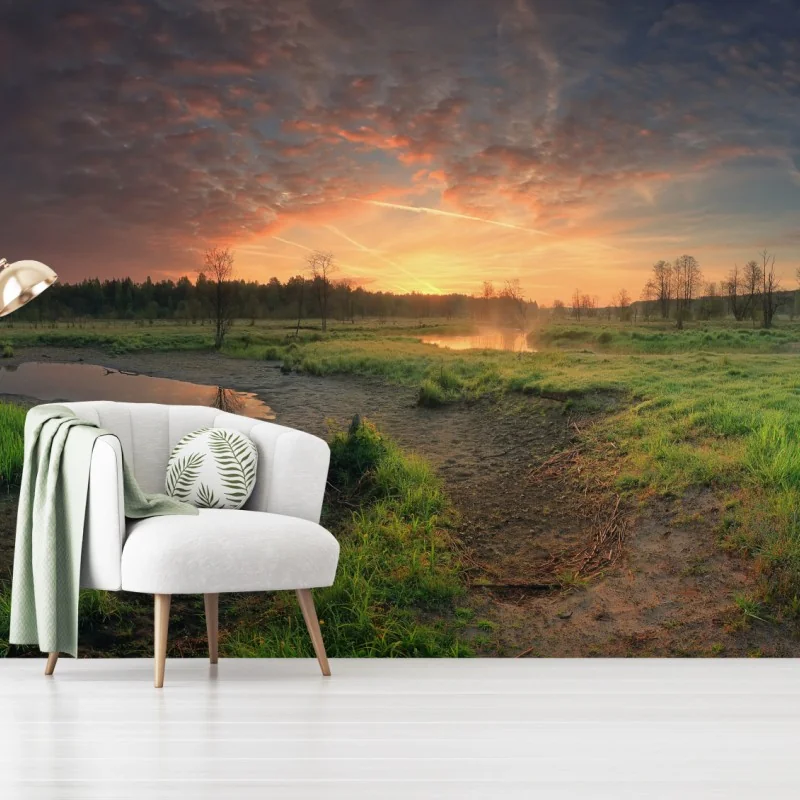 Fototapeta zachód słońca nad spokojną łąką – Wallissimo® Fototapeta zachód słońca nad spokojną łąką – Wallissimo®