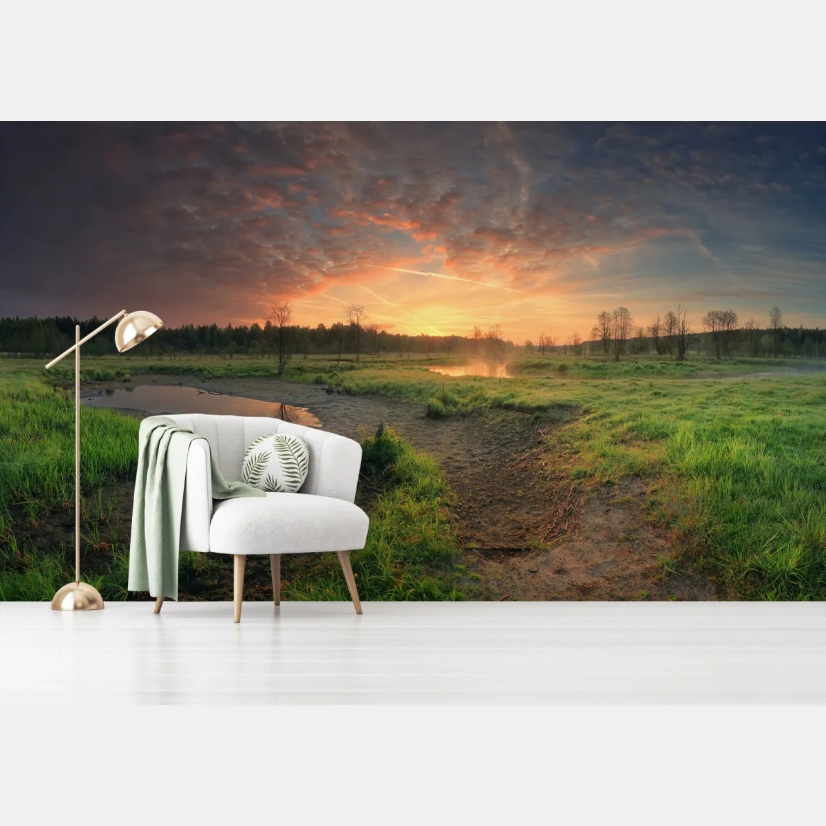 Fototapeta zachód słońca nad spokojną łąką – Wallissimo® Fototapeta zachód słońca nad spokojną łąką – Wallissimo®