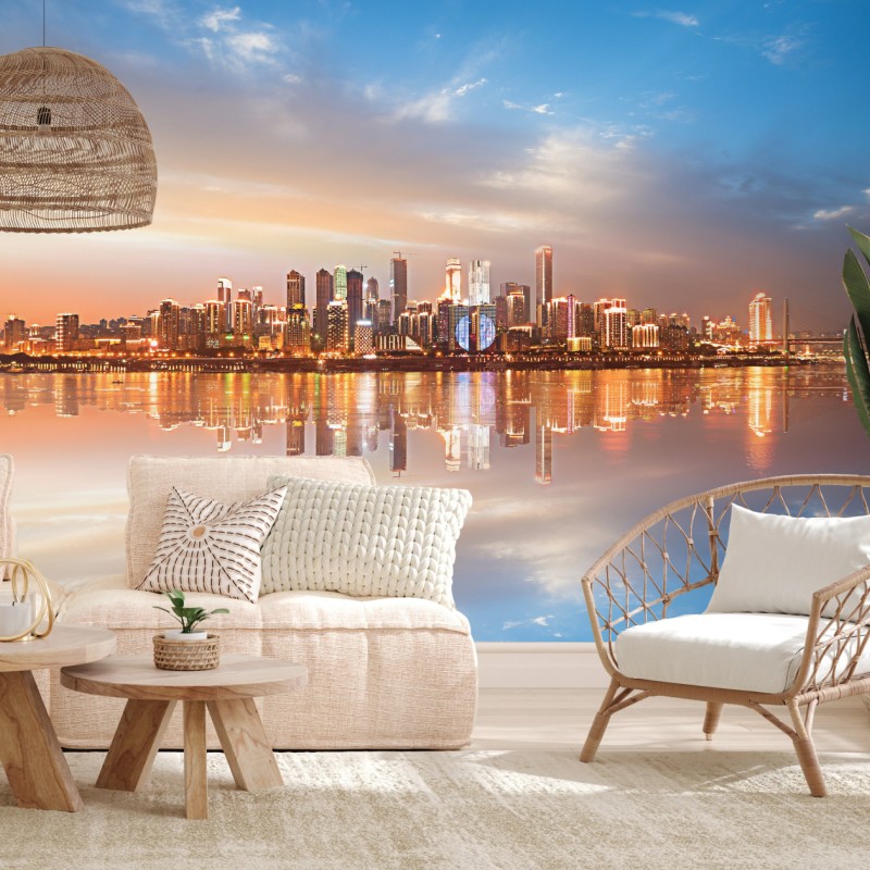 Fototapeta panorama miasta odbita w wodzie o zmierzchu – Wallissimo® Fototapeta panorama miasta odbita w wodzie o zmierzchu – Wallissimo®