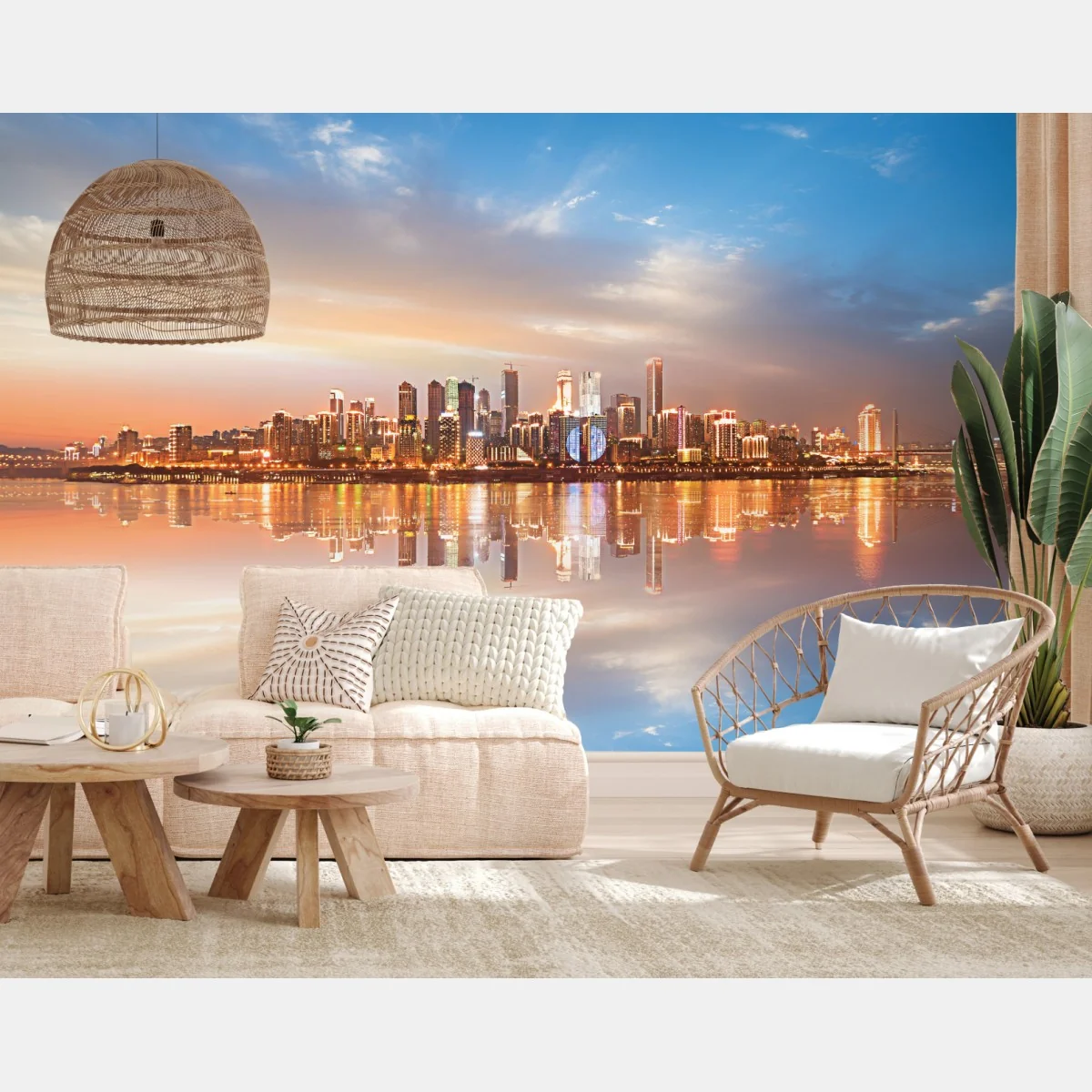 Fototapeta panorama miasta odbita w wodzie o zmierzchu – Wallissimo® Fototapeta panorama miasta odbita w wodzie o zmierzchu – Wallissimo®