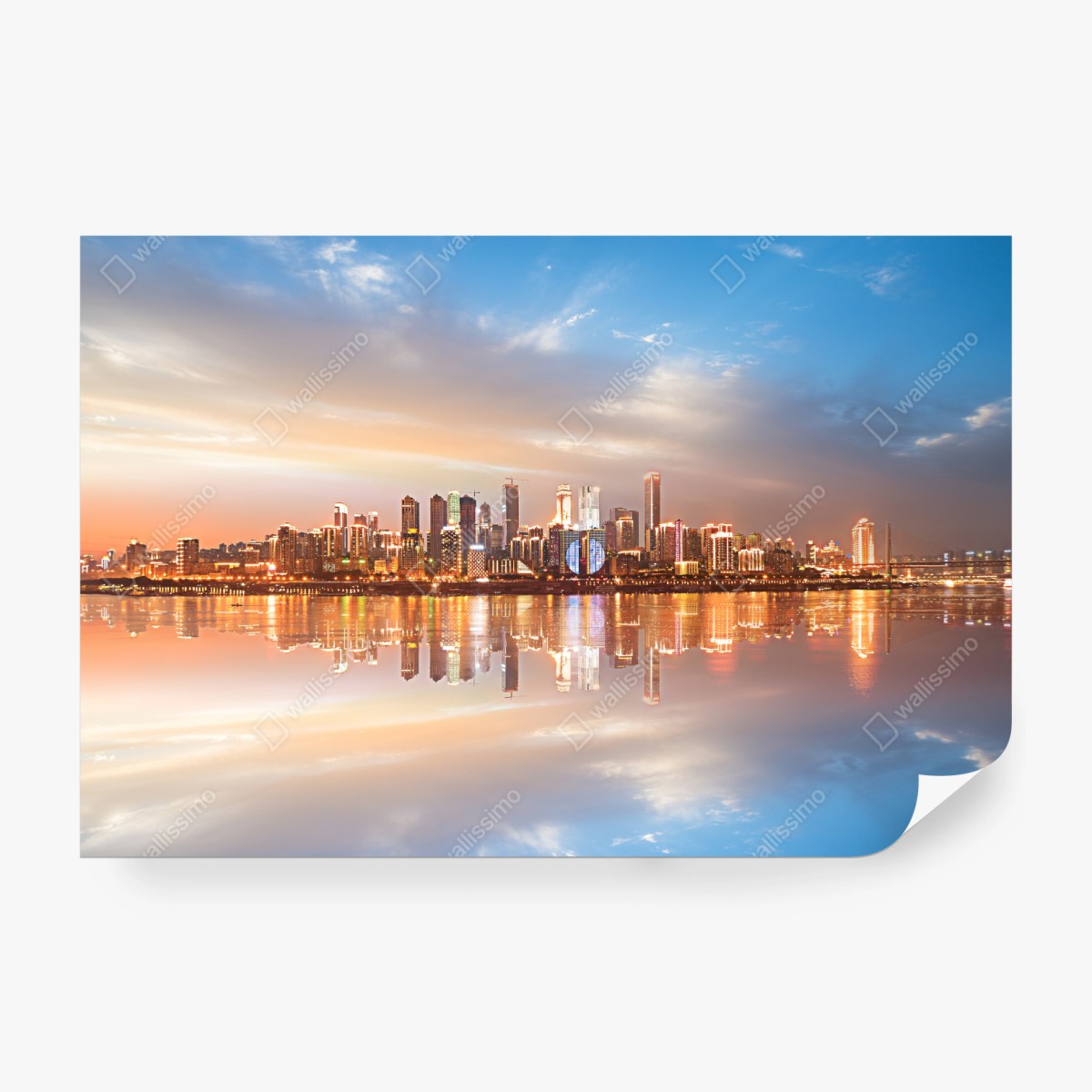 Fototapeta panorama miasta odbita w wodzie o zmierzchu – Wallissimo® Fototapeta panorama miasta odbita w wodzie o zmierzchu – Wallissimo®