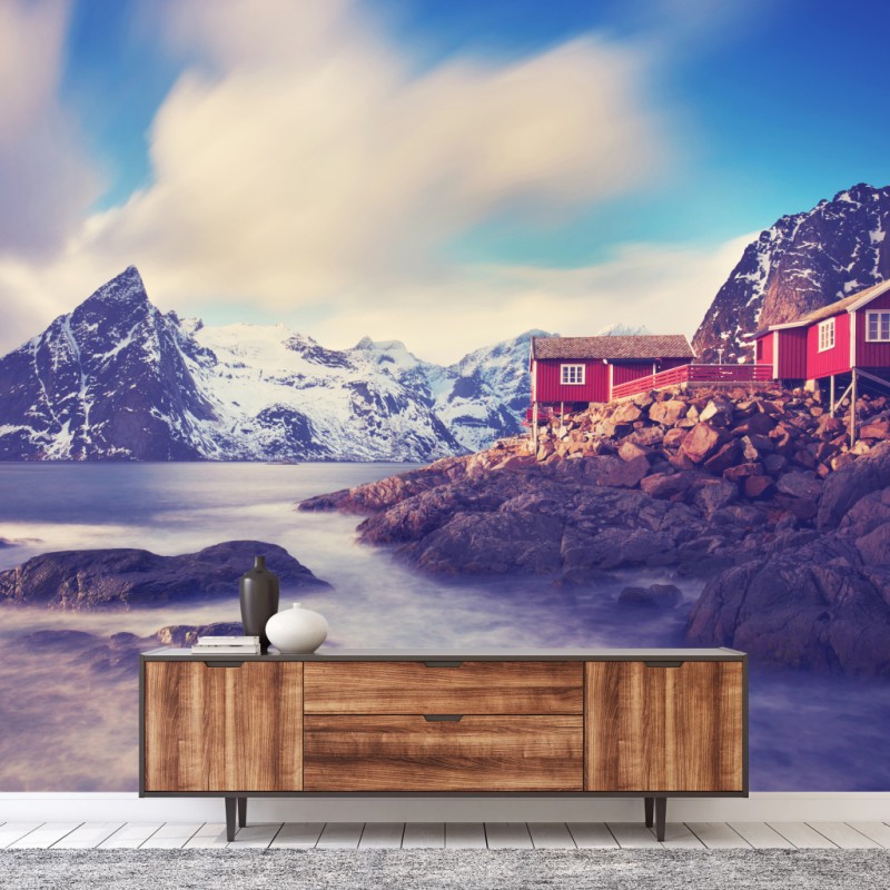 Fototapeta górski nadmorski krajobraz z czerwonymi domkami – Wallissimo® Fototapeta górski nadmorski krajobraz z czerwonymi domkami – Wallissimo®