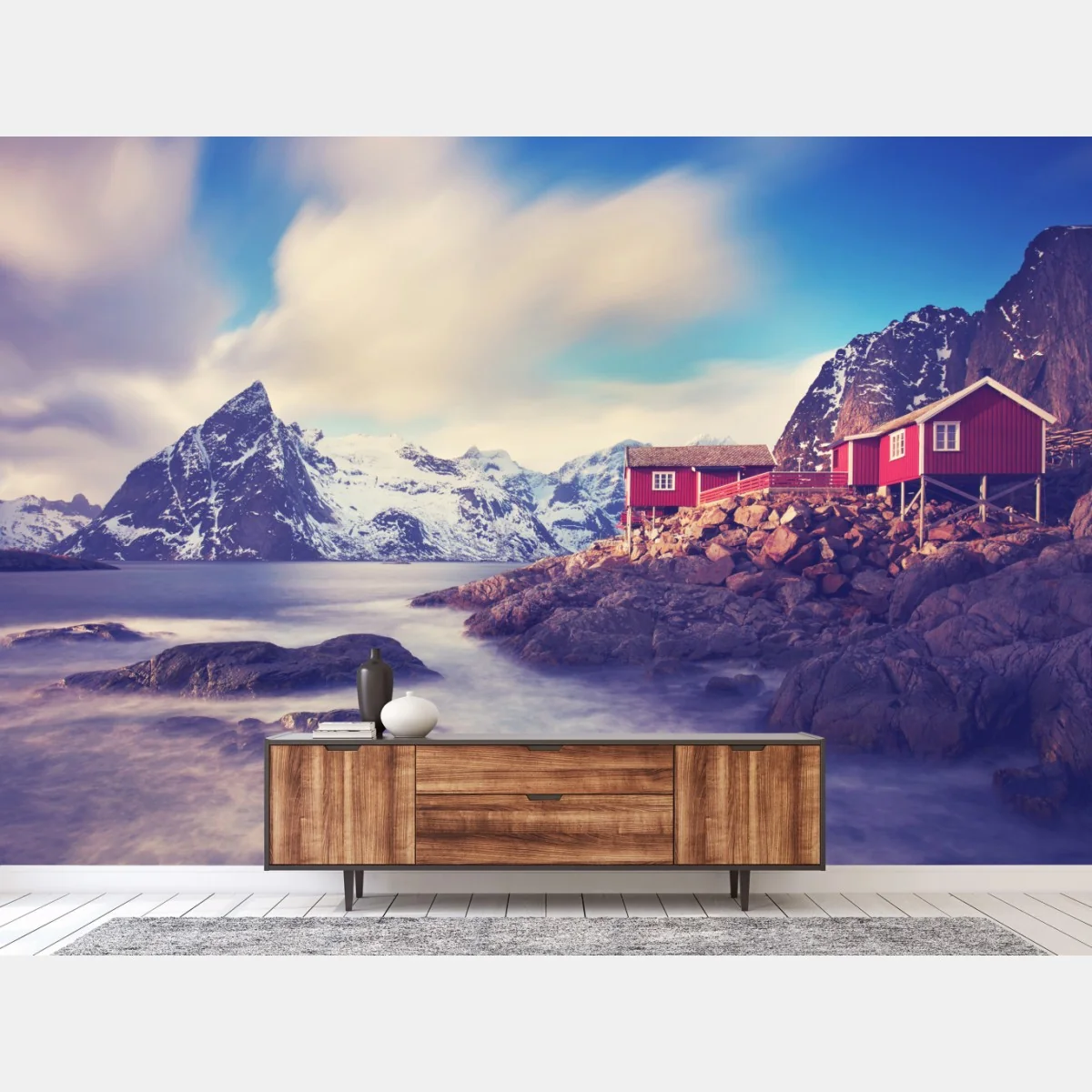 Fototapeta górski nadmorski krajobraz z czerwonymi domkami – Wallissimo® Fototapeta górski nadmorski krajobraz z czerwonymi domkami – Wallissimo®