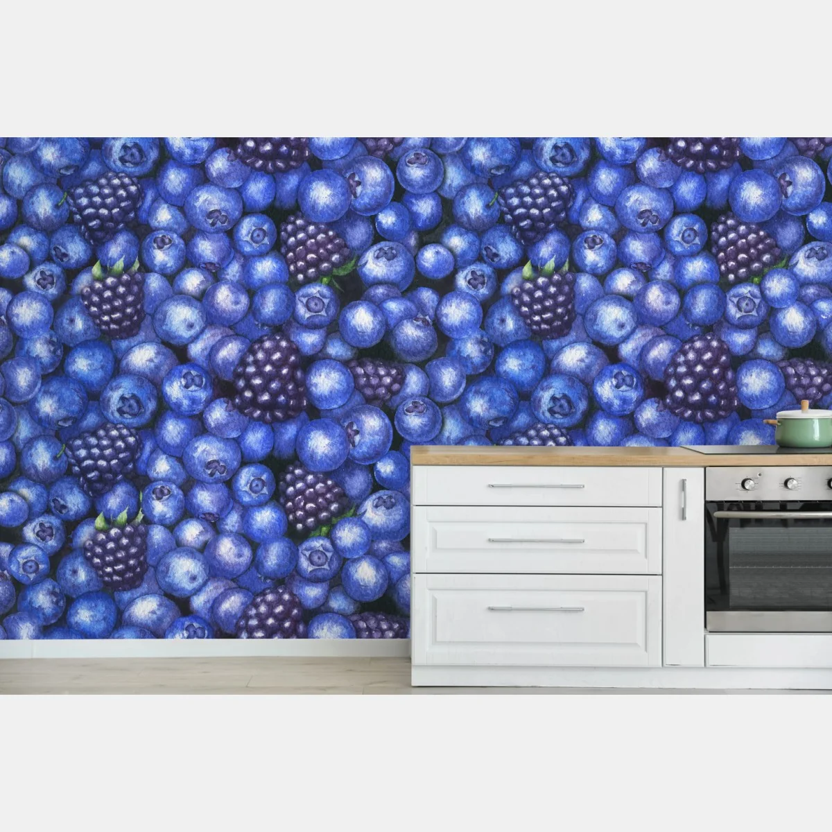 Fototapeta wzór akwarelowy z borówkami i jeżynami – Wallissimo® Fototapeta wzór akwarelowy z borówkami i jeżynami – Wallissimo®