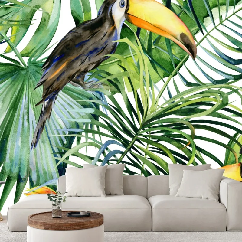 Fototapeta akwarelowy tukan w tropikalnym wzorze – Wallissimo®