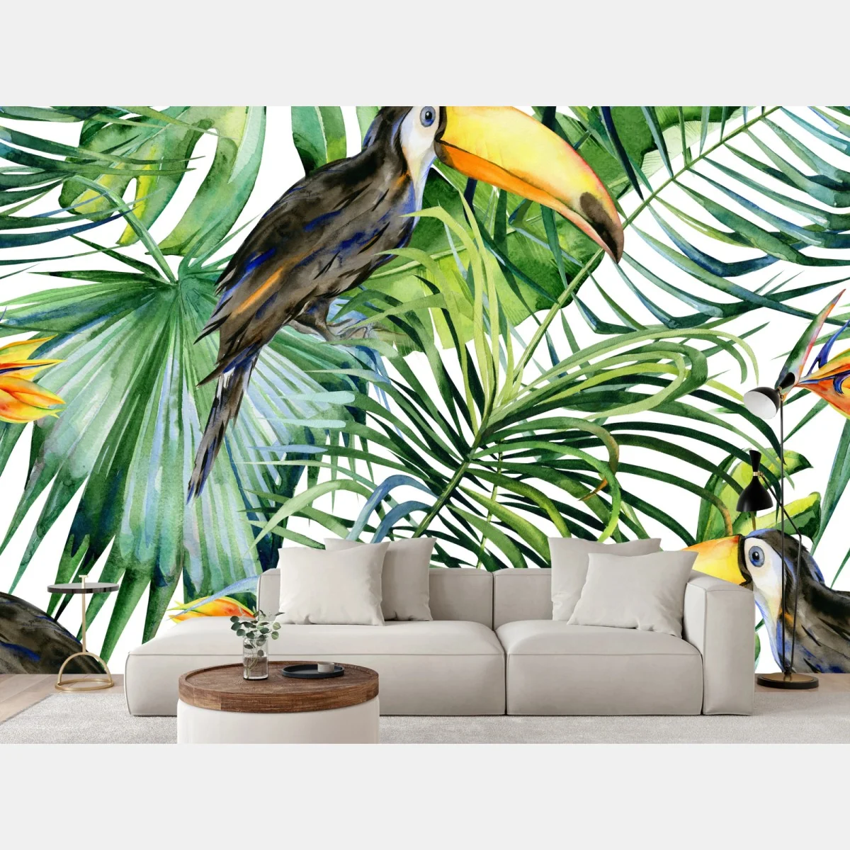 Fototapeta akwarelowy tukan w tropikalnym wzorze – Wallissimo®