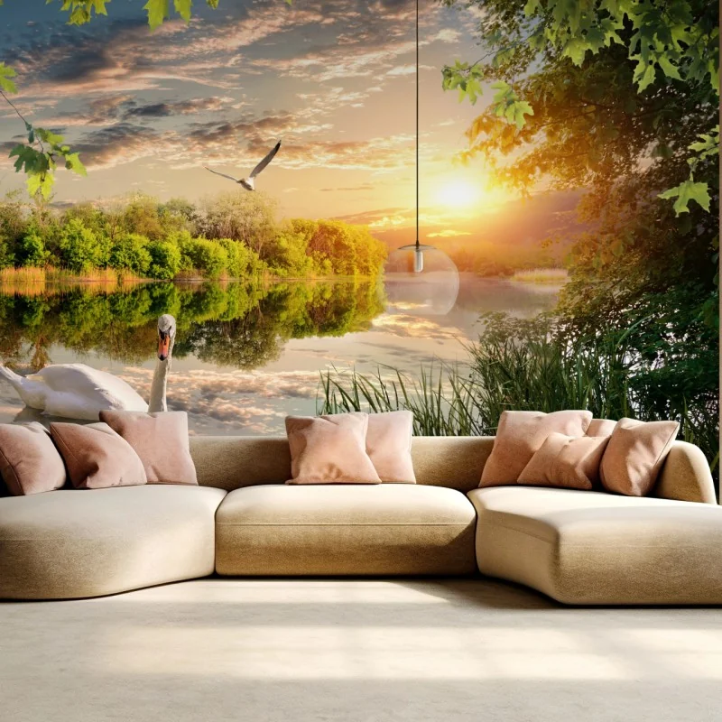 Fototapeta zachód słońca z łabędziem nad jeziorem – Wallissimo® Fototapeta zachód słońca z łabędziem nad jeziorem – Wallissimo®