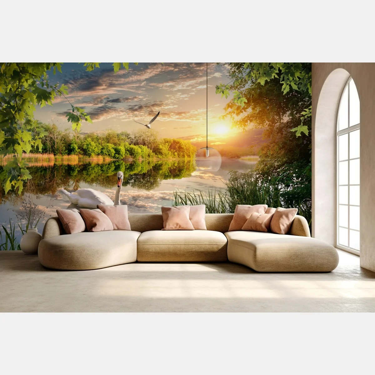 Fototapeta zachód słońca z łabędziem nad jeziorem – Wallissimo® Fototapeta zachód słońca z łabędziem nad jeziorem – Wallissimo®