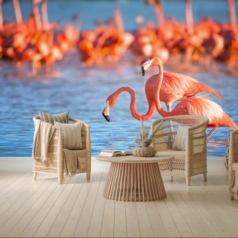 Fototapeta wdzięczne flamingi w płytkiej wodzie – Wallissimo® Fototapeta wdzięczne flamingi w płytkiej wodzie – Wallissimo®