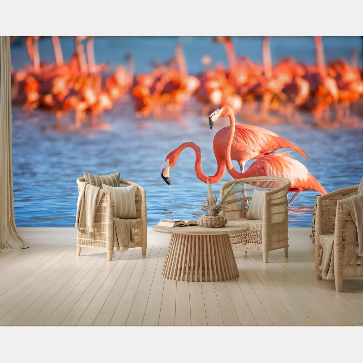 Fototapeta wdzięczne flamingi w płytkiej wodzie – Wallissimo® Fototapeta wdzięczne flamingi w płytkiej wodzie – Wallissimo®