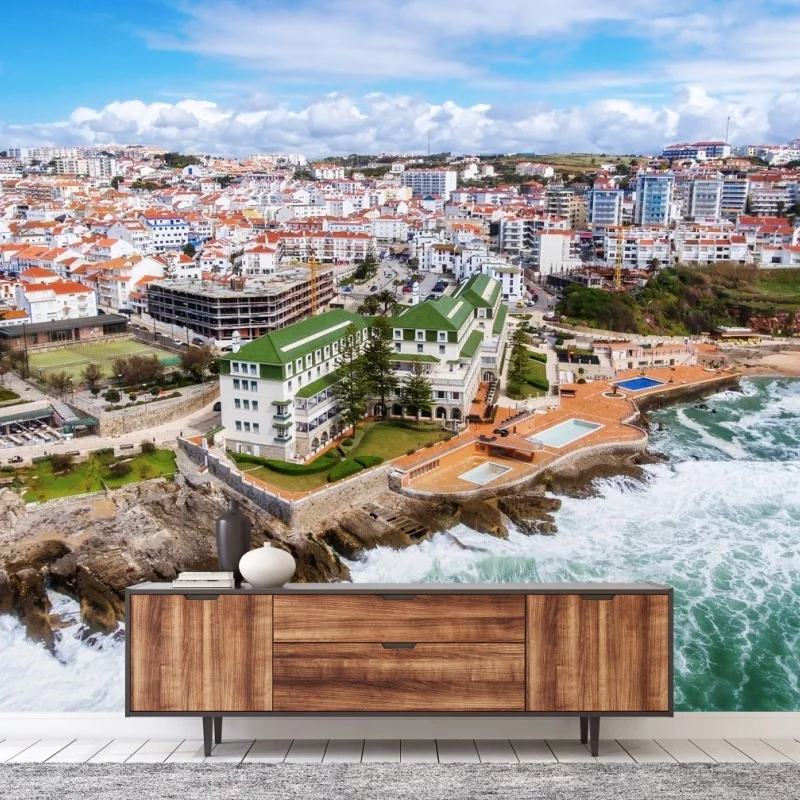 Fototapeta widok z lotu ptaka na nadmorskie miasteczko z falami – Wallissimo® Fototapeta widok z lotu ptaka na nadmorskie miasteczko z falami – Wallissimo®