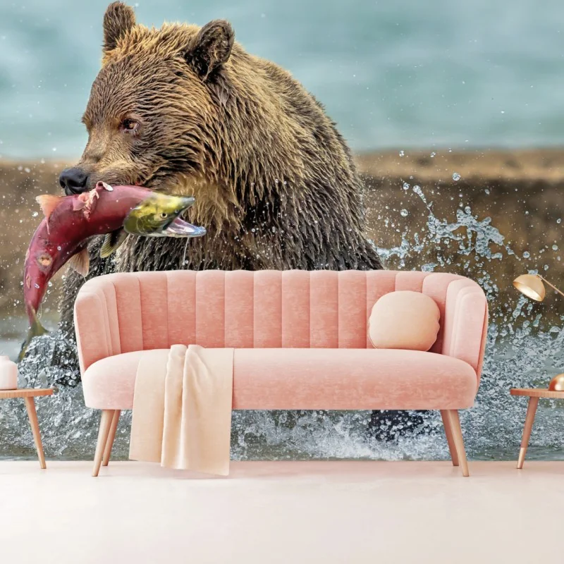 Fototapeta niedźwiedź łapiący łososia w rzece – Wallissimo® Fototapeta niedźwiedź łapiący łososia w rzece – Wallissimo®