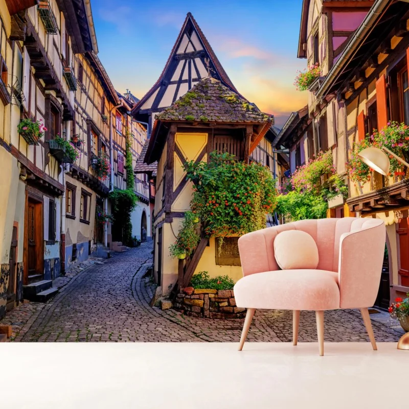 Fototapeta urokliwa ulica domów szachulcowych w Eguisheim, Alsacja – Wallissimo® Fototapeta urokliwa ulica domów szachulcowych w Eguisheim, Alsacja – Wallissimo®