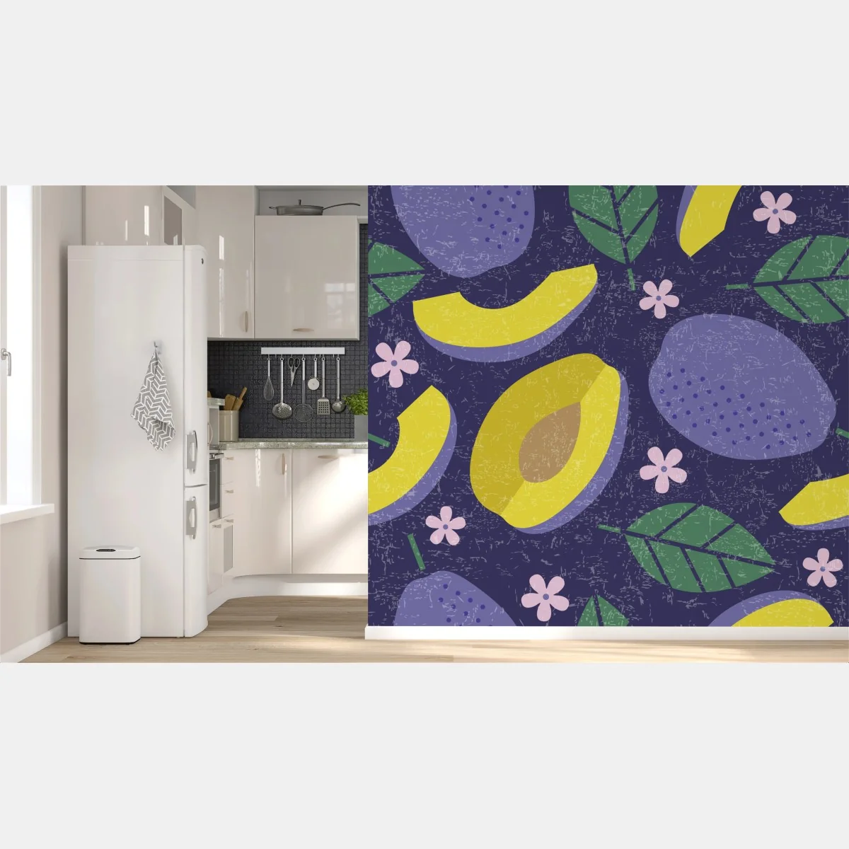 Fototapeta radosny wzór ze śliwkami i liśćmi – Wallissimo® Fototapeta radosny wzór ze śliwkami i liśćmi – Wallissimo®