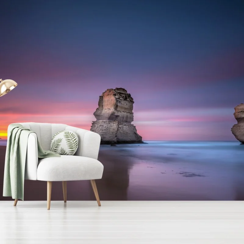 Fototapeta spokojny morski pejzaż z formacjami skalnymi o zachodzie słońca – Wallissimo® Fototapeta spokojny morski pejzaż z formacjami skalnymi o zachodzie słońca – Wallissimo®