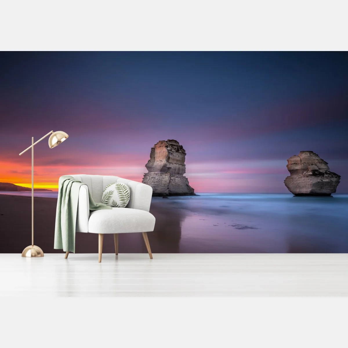 Fototapeta spokojny morski pejzaż z formacjami skalnymi o zachodzie słońca – Wallissimo® Fototapeta spokojny morski pejzaż z formacjami skalnymi o zachodzie słońca – Wallissimo®